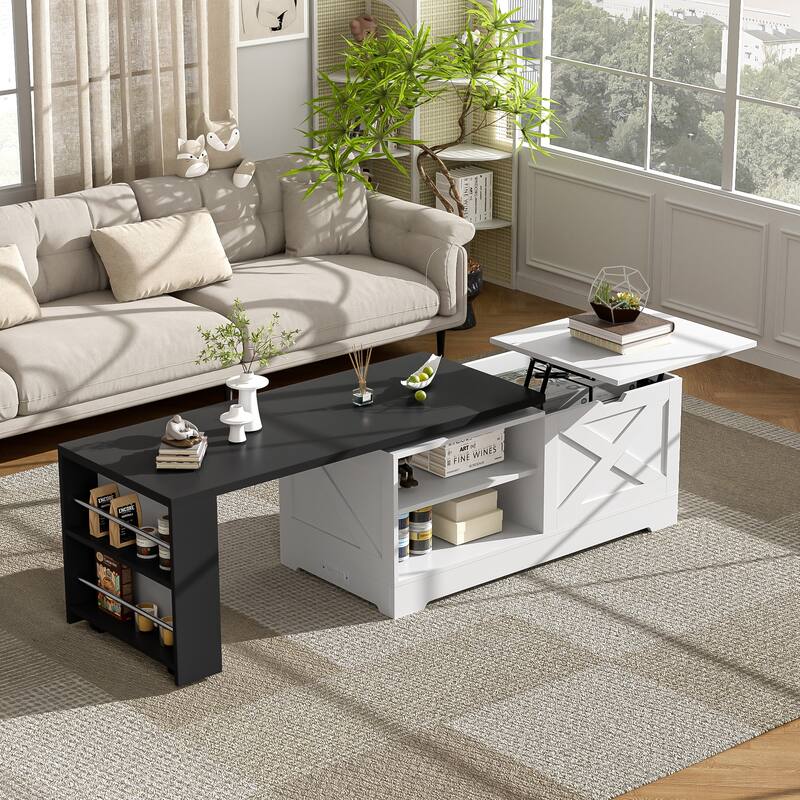 Rossetta Rustic-Style Lift Top Coffee Table with Built-in USB Ports and Power Outlets, Storage Compartments - White+Black