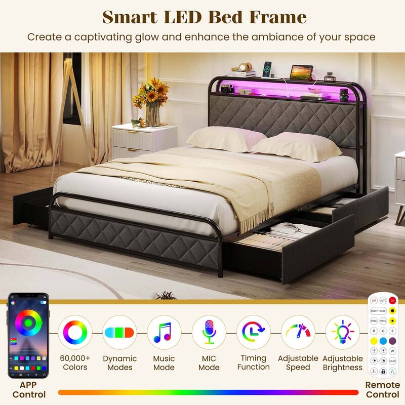 Costway Twin/Full/Queen Size Bed Frame with LED Lights & Charging