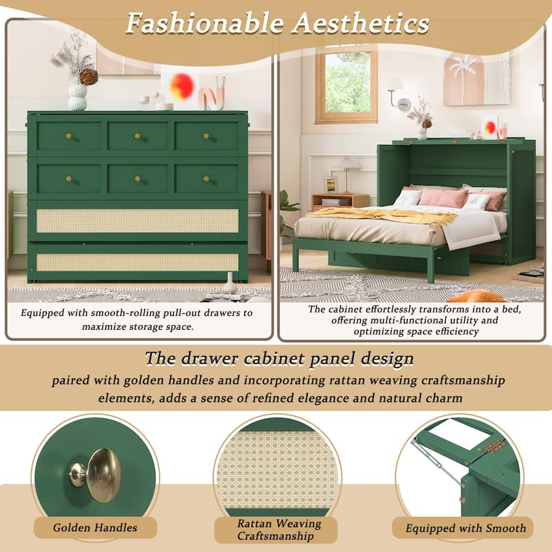 Convertible Foldable Murphy Bed Full Size Wall Cabinet Bed with Storage Drawers, Golden Handles and Rattan Weaving Accents