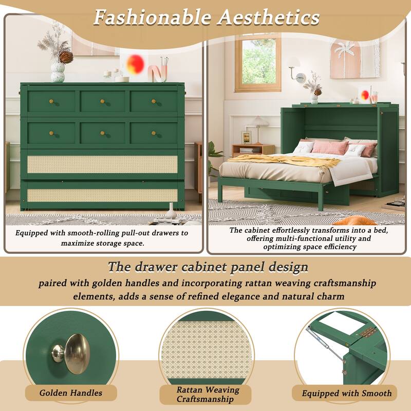 Full Size Murphy Bed with Large Storage Drawers, Space-Saving Foldable Wall Bed with Elegant Front Design