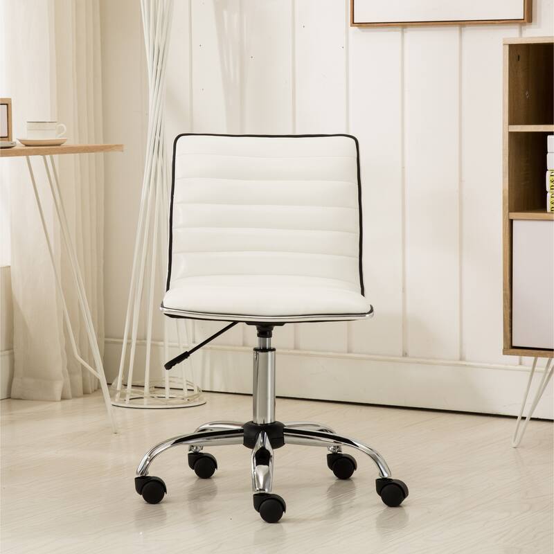 Faux Leather Office Chair with Wheels, Upholstered Task Chair with Metal base, Swivel Rolling Chair with Adjustable Height - N/A - White