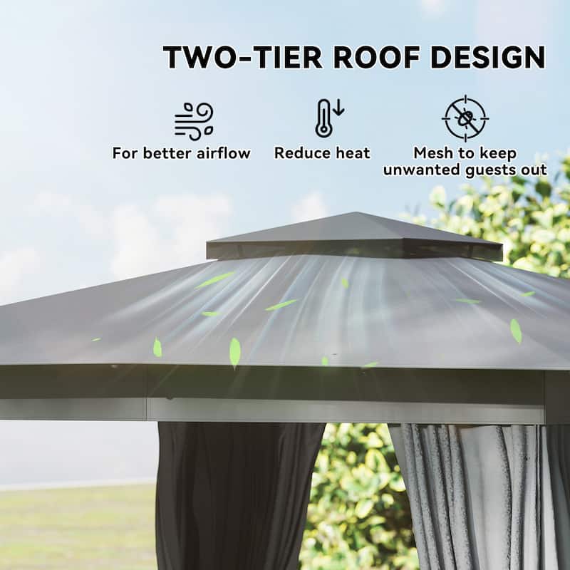 Outsunny 10' x 10' Outdoor Patio Gazebo, Soft Top Gazebo Canopy Shelter with Double Roof, Curtains, Netting, Steel Frame
