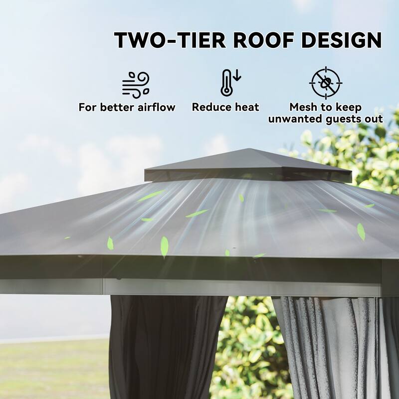 Outsunny 10' x 12' Outdoor Patio Gazebo, Soft Top Gazebo Canopy Shelter with Double Roof, Curtains, Netting, Steel Frame
