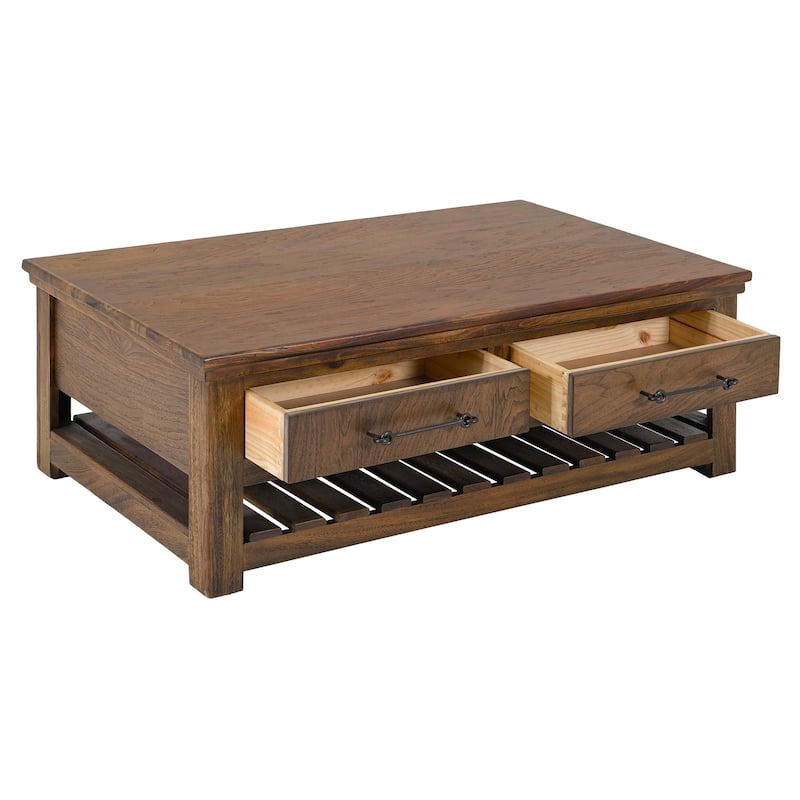 Ally Cocktail Coffee Table, 4 Drawers Shelf, Brown Parota Wood 50 Inch