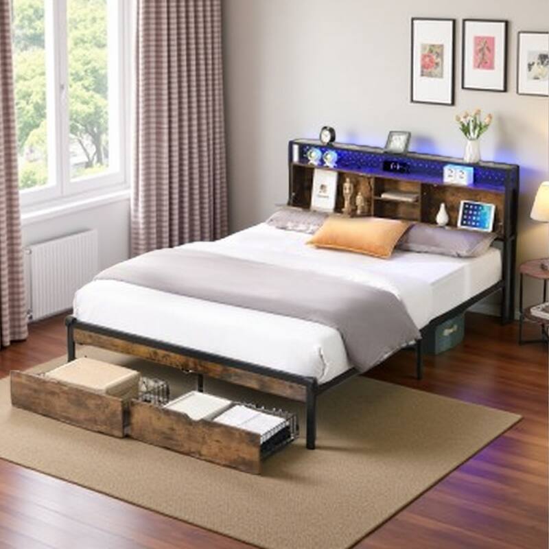 King Size Metal Bed Frame with Storage Headboard, USB Charging Ports, LED Lights, 2 Drawers, and Wood Accents - Full Black+Brown - Full