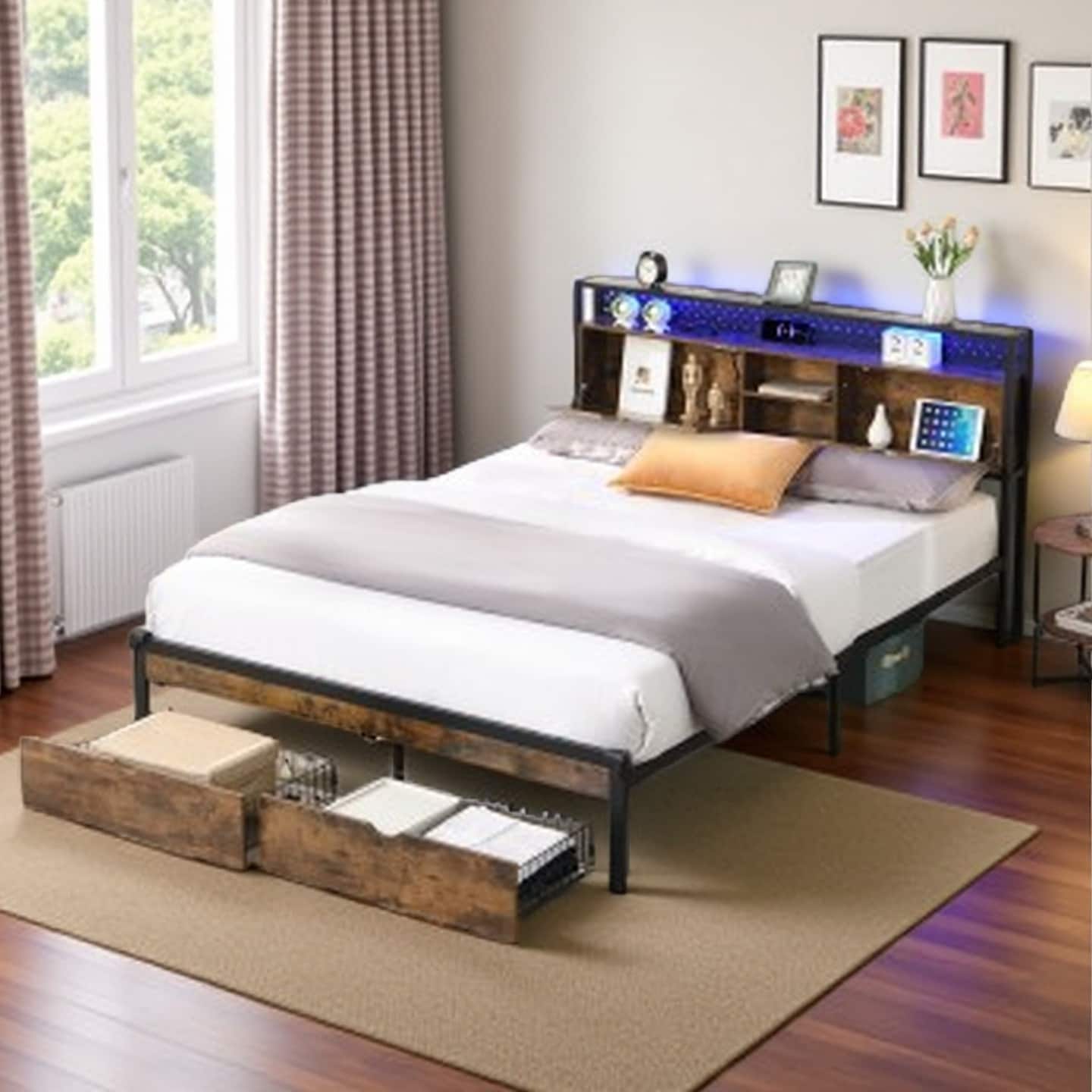 King Size Metal Bed Frame with Storage Headboard, USB Charging Ports, LED Lights, 2 Drawers, and Wood Accents