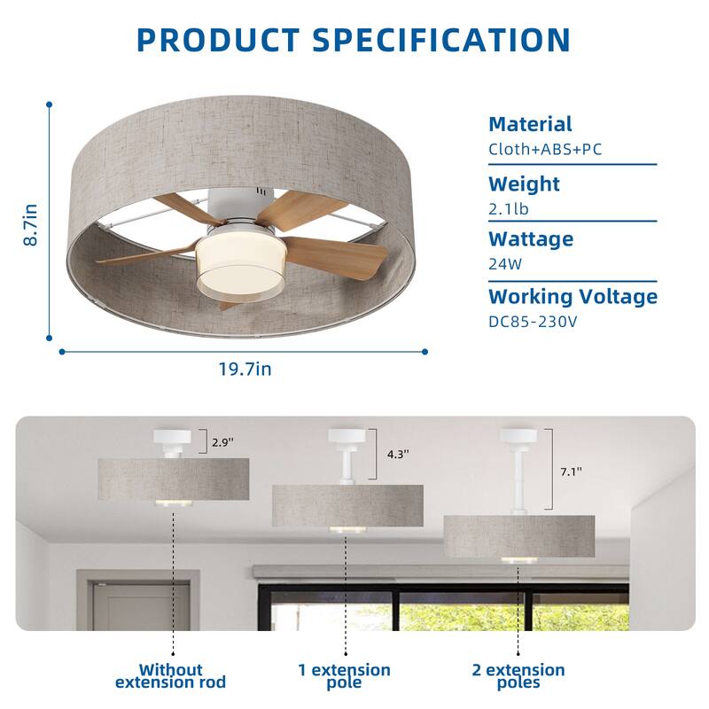 17.7 in. Indoor Socket Ceiling Fan Light with Remote, LED Light, 4 Fan Speeds, Dimmable, 3 Color Temperatures