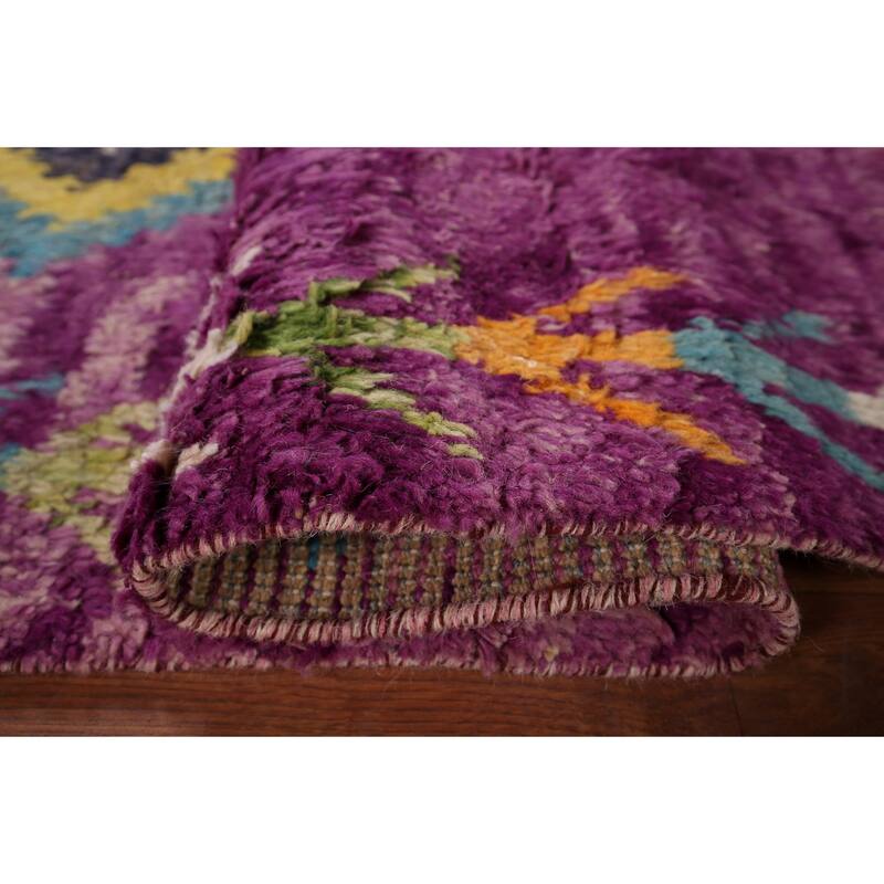 Purple Geometric Plush Moroccan Area Rug Hand-Knotted Wool Carpet - 6'0" x 9'7"