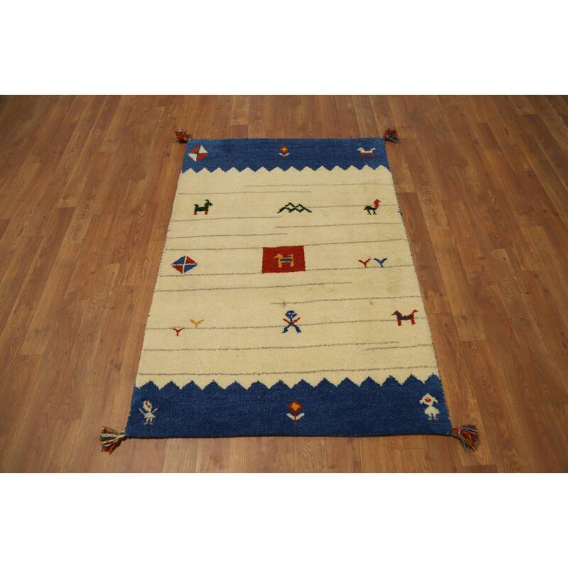Hand Knotted Oriental 100% Wool Carpet Tribal Geometric Beige & Ivories Gabbeh Area Rug - 4' 2'' X 2' 10''