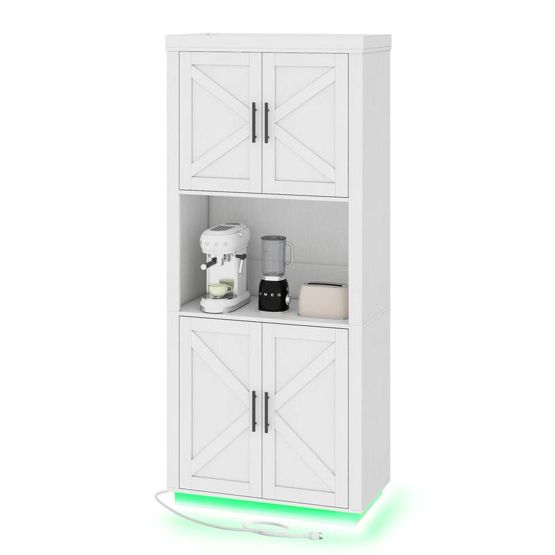 Moasis Farmhouse 71" Tall Kitchen Pantry Cabinet with Lights & Charging Station