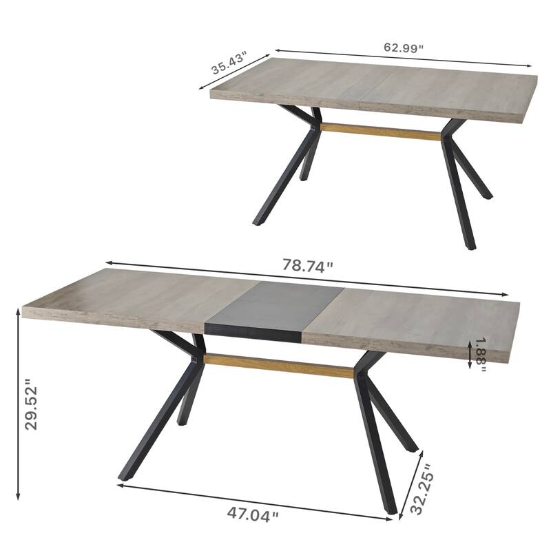 62.99"- 78.74" Rectangular Stretch Dining Table With Wooden Tabletop and Embossed Centerboard, Fine Sanded Iron Leg Base Stretch