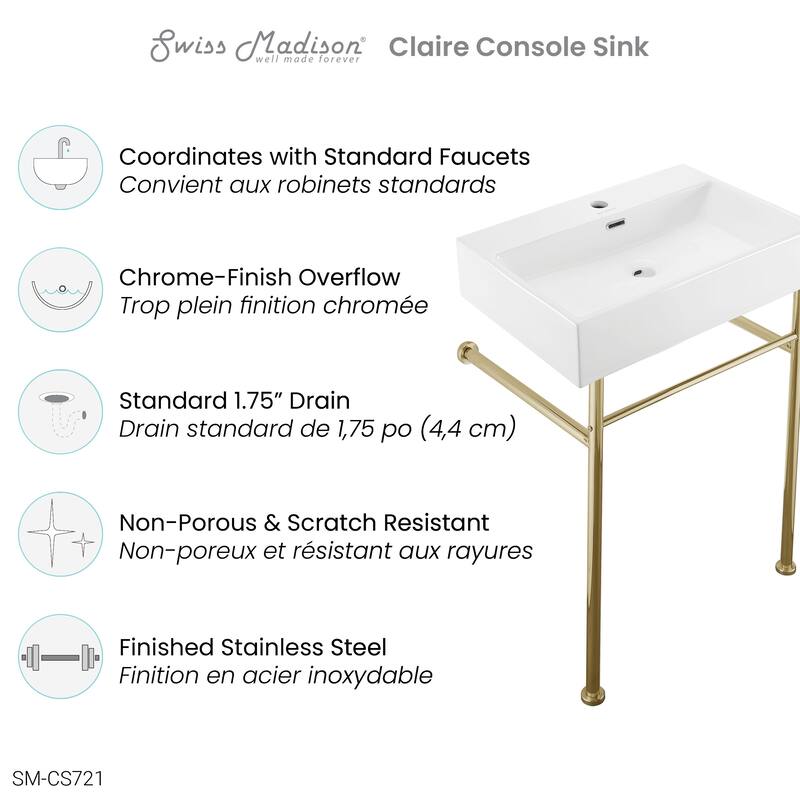 Claire Ceramic Console Sink White Basin Gold Legs