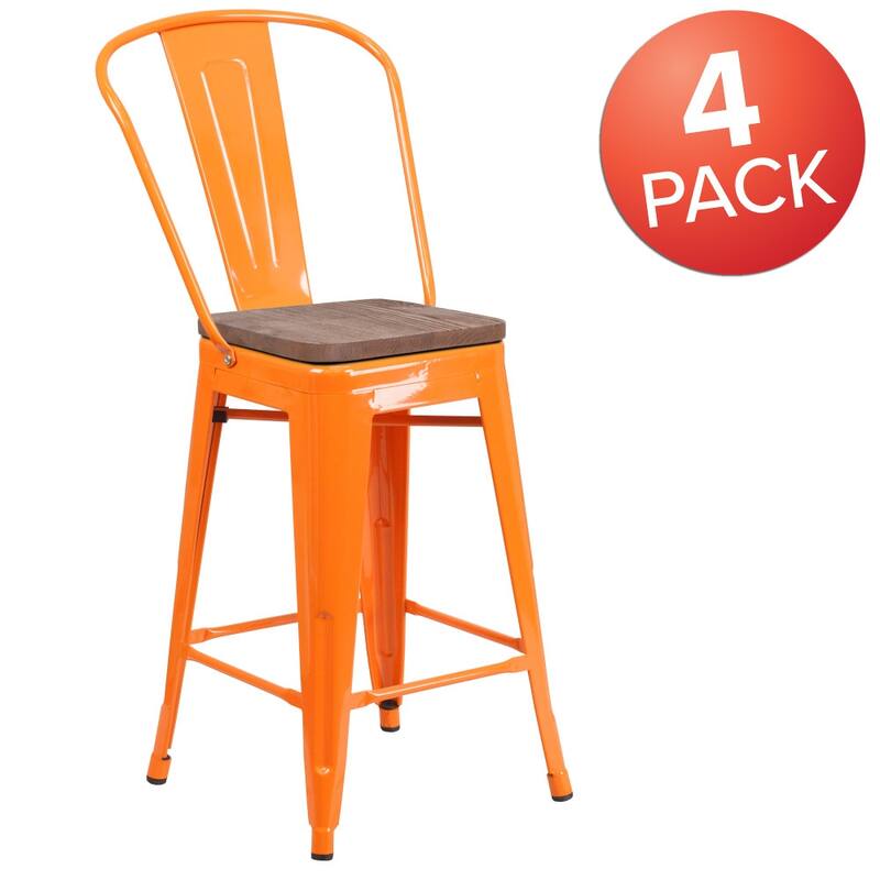 4 Pack 24" High Metal Counter Height Stool with Back and Wood Seat - 17.75"W x 20"D x 39.25"H