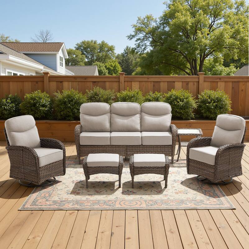 Luna 6-Piece Wicker Patio Conversation Set with Swivel Gliders and 6-Inch Thick Olefin Cushions - Beige Cushions - Brown Wicker
