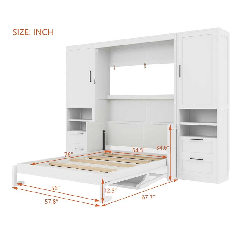 Full/Queen Size Horizontal Murphy Bed with Integrated Storage, Wood Wall Murphy Bed Frame with Closet, Drawers and Shelves