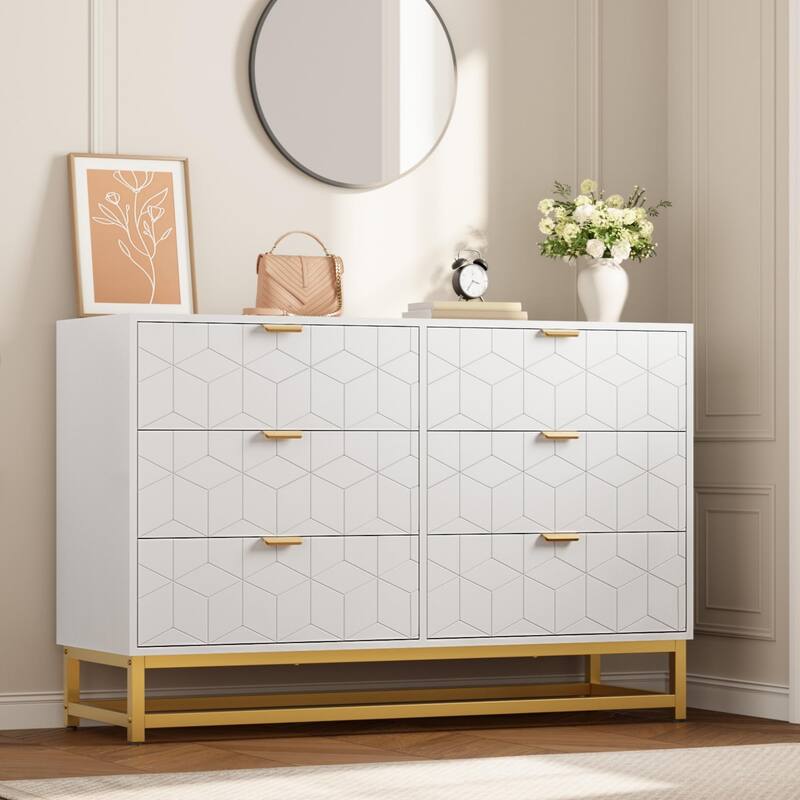 6 Drawer Dresser, Wide Wood Chest with Metal Legs, Modern Storage Cabinet for Bedroom, Living Room