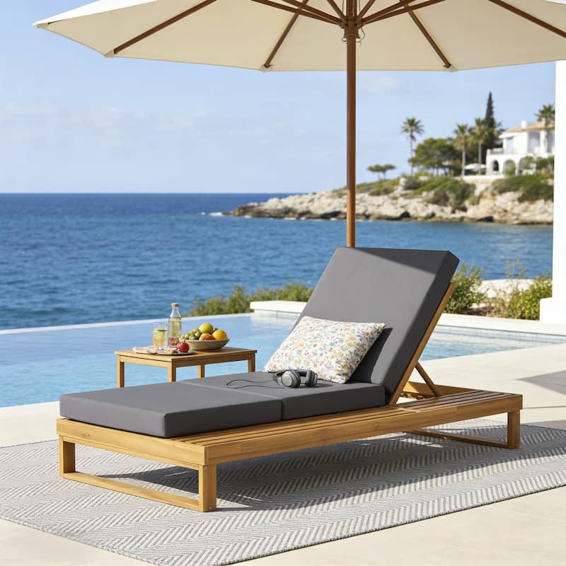 Christopher Knight Home - Modern Outdoor Acacia Wood Chaise Lounge with 4-Position Adjustable Backrest & 2-Fold Cushion