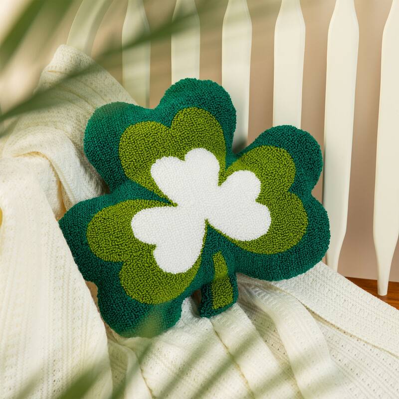 Glitzhome 14"L St. Patrick's Hooked Shamrock-shaped Pillow