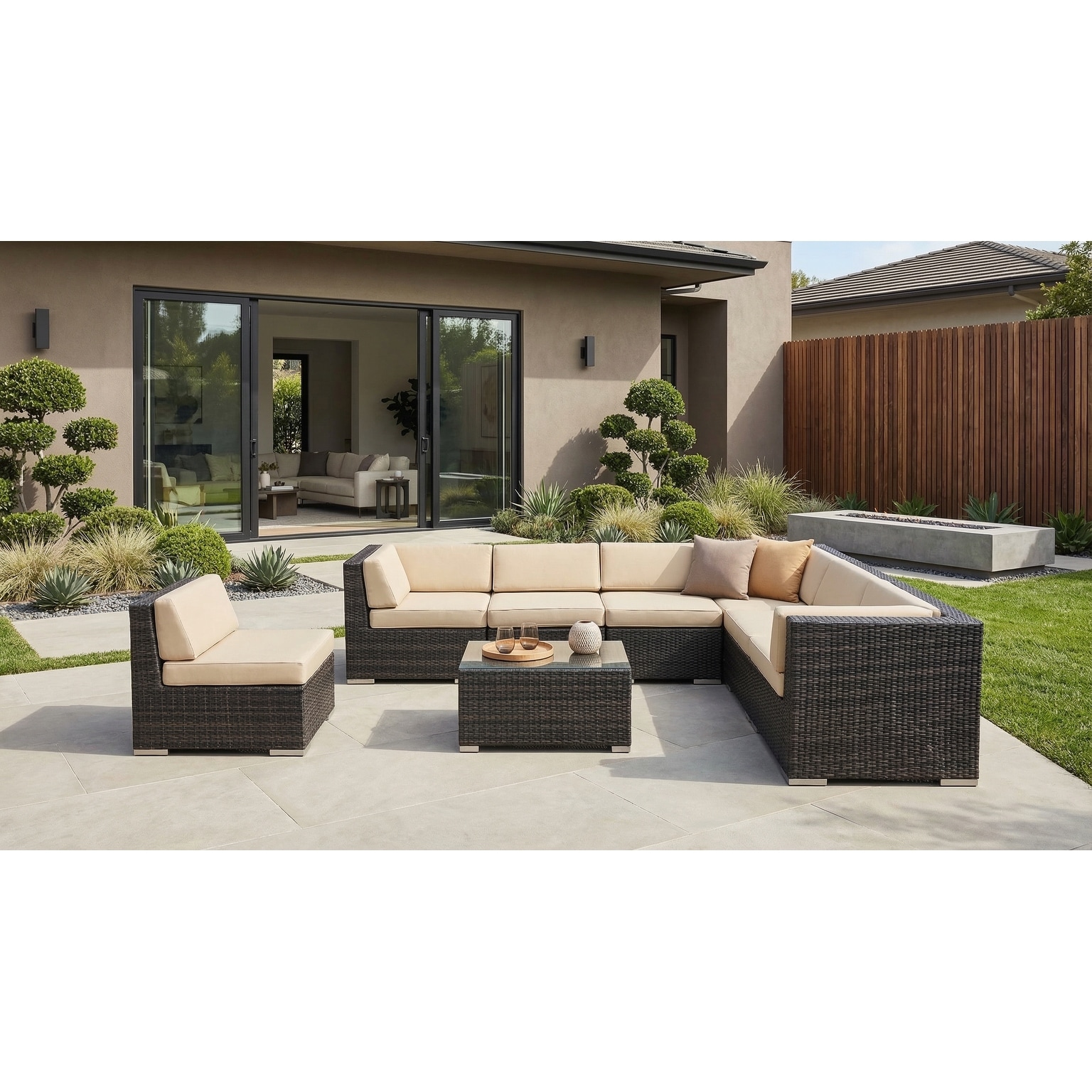 Ohana Outdoor Patio 8 Piece Black Wicker Sectional Set with Cushions - No Assembly