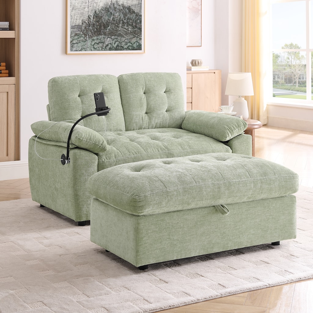 Double Recliner Chair with Adjustable Backrest, Storage Ottoman, USB Port & Phone Stand