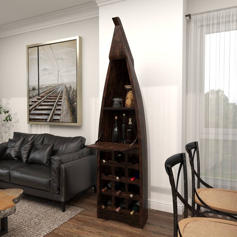 Brown Wood 12 Bottle and 2 Shelf Boat Standing Wine Rack with Foldable Tray
