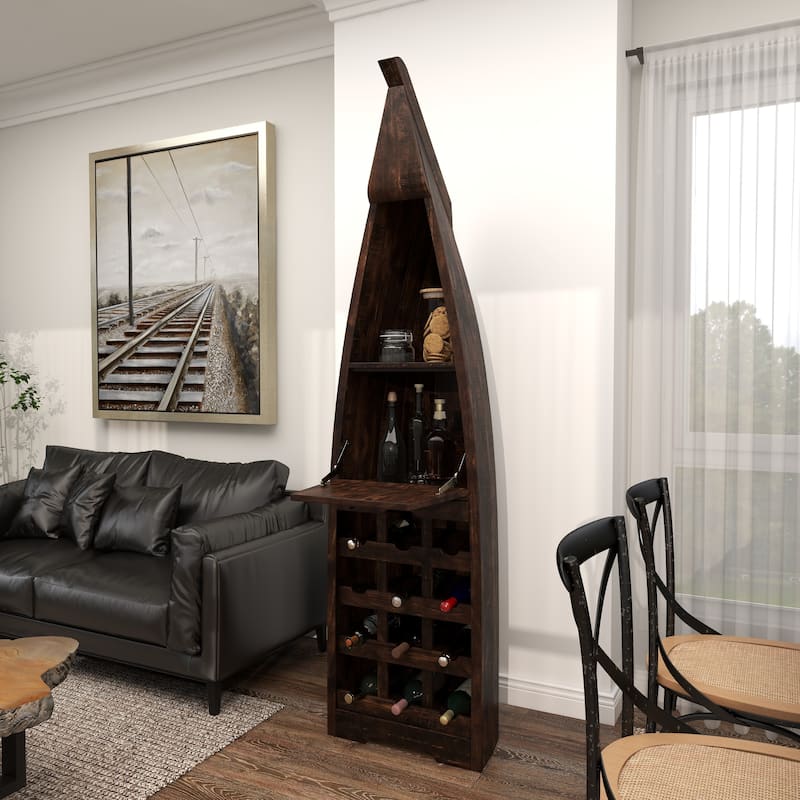 Wood Boat 12 Bottle 2 Shelf Standing Wine Rack with Foldable Tray - Brown - Roche River Decor
