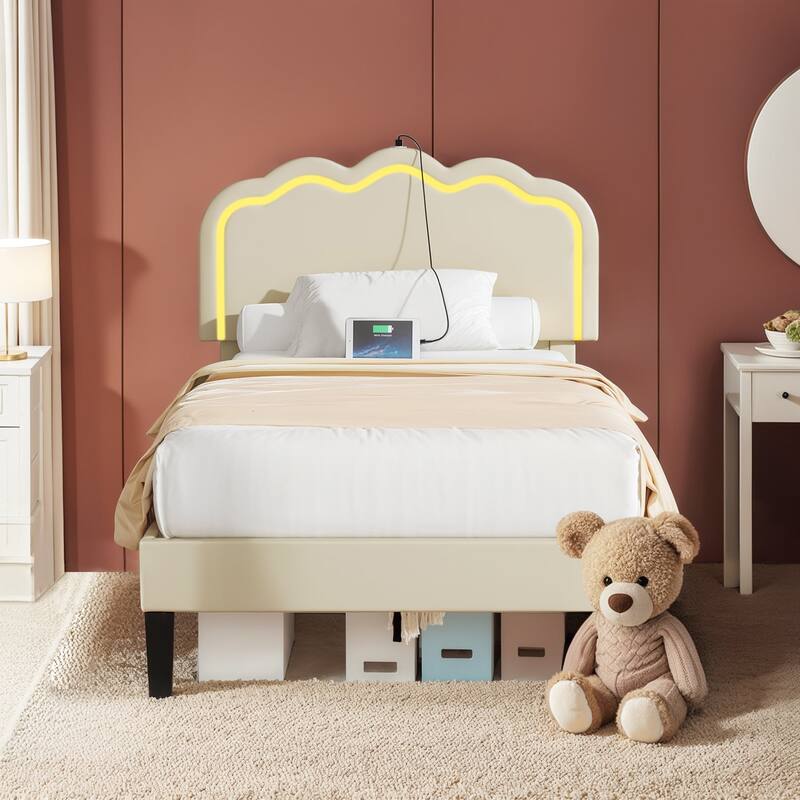 VECELO Upholstered Platform Kids Bed Frame with Headboard & LED Lights,Twin Size Bed Set of 2