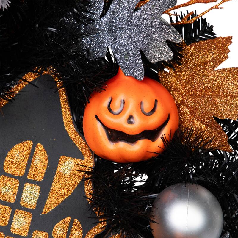Glittered Haunted House Artificial Halloween Wreath - 24" - Unlit