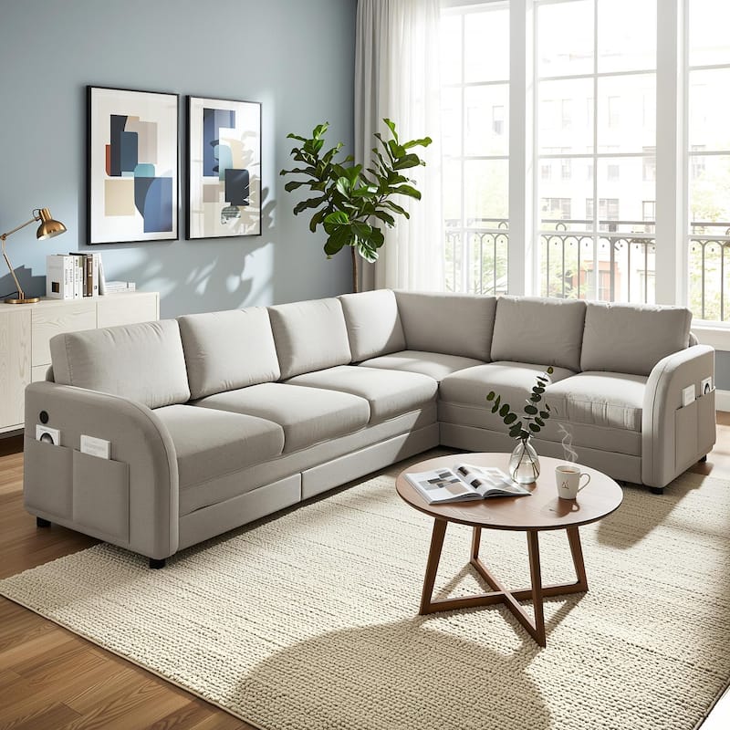 Homy Casa 85"/115" L-Shaped Sectional Sofa Bed USB & Side Pocket, Teddy Fabric Pull-Out Sleeper, Reversible Chaise, Multi Colors