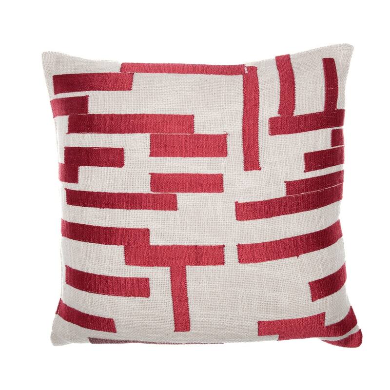 HomeRoots 24" Red and Ivory Geometric Cotton Blend Throw Pillow With Embroidery