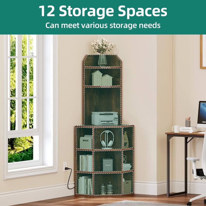 Moasis Industrial Corner Display Bookshelf Bookcase with USB Ports and Outlets