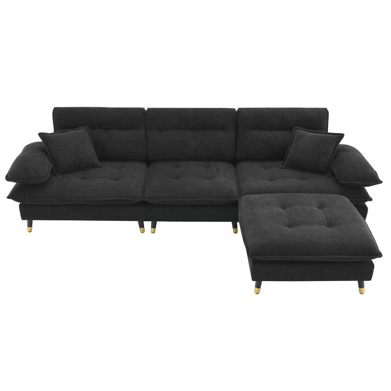 Black 106'' L-Shaped 4 Seater Convertible Sectional Sofa with Adjustable Two-Tone Legs, Movable Ottoman