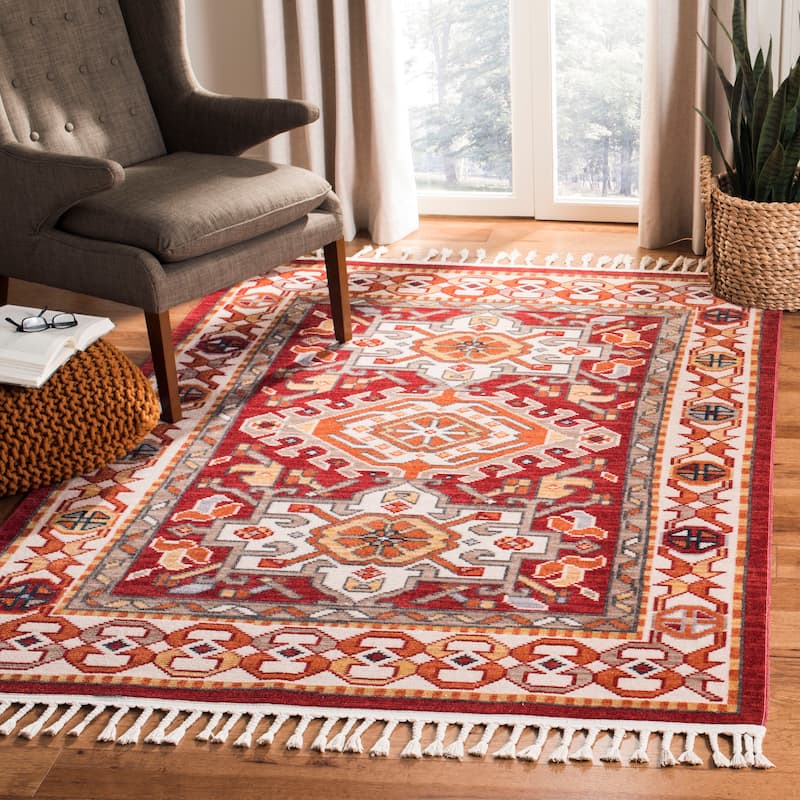 SAFAVIEH Farmhouse Nelleke Boho Tribal Polyester Rug - 3' x 5' - Ivory/Red