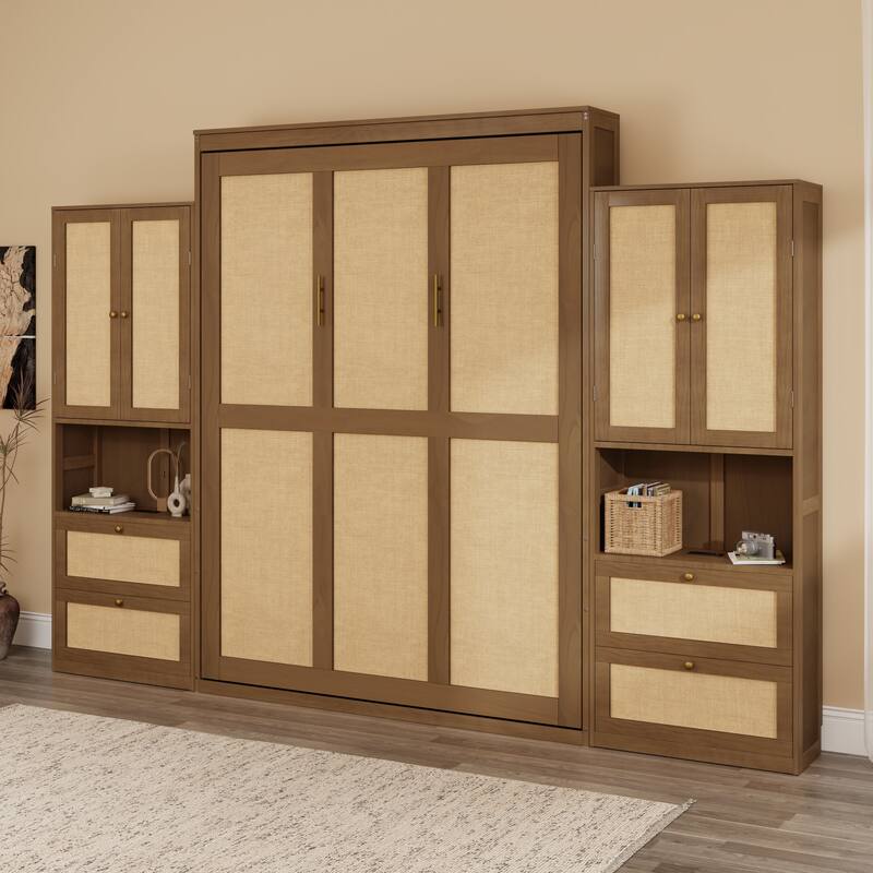 Foldable Bed Convert Cube Cabinet Rattan Murphy Bed Space-Saving Bed