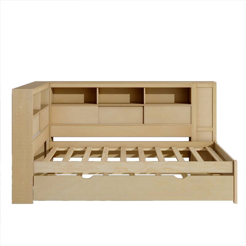 Wooden Twin Daybed with Built-In Storage Shelves, USB Port, and Trundle - Natural