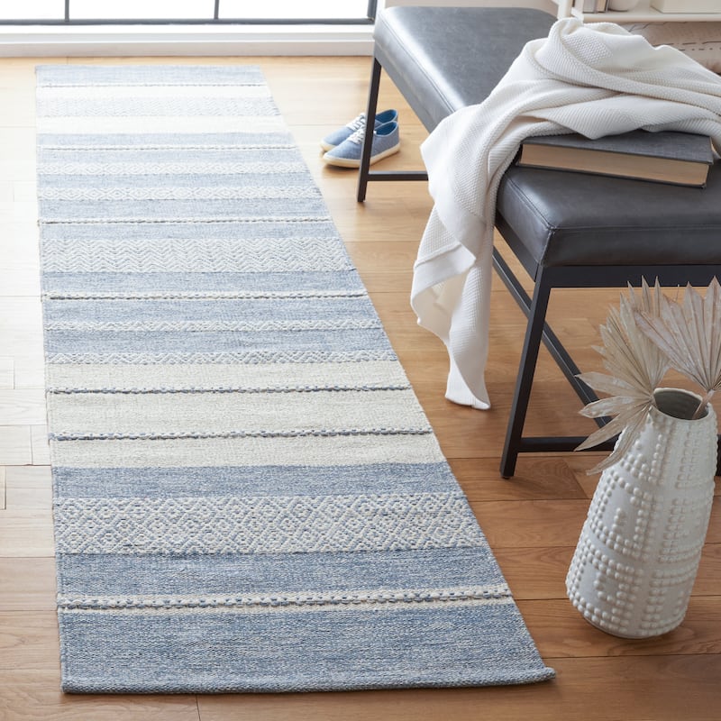SAFAVIEH Handmade Striped Kilim Shante Modern Cotton Rug - 2'3" x 9' Runner - Ivory/Blue