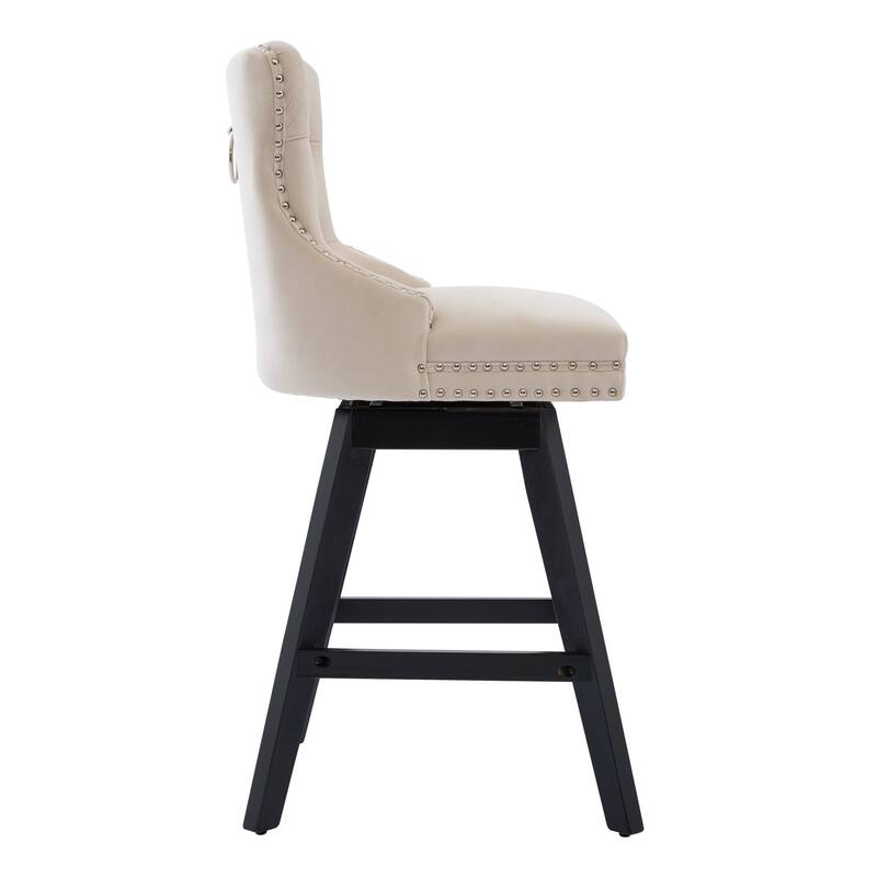 Swivel Velvet Barstools with Button Tufted, Wooden Legs, Chrome Nailhead Trim - Leisure Style Set of 2