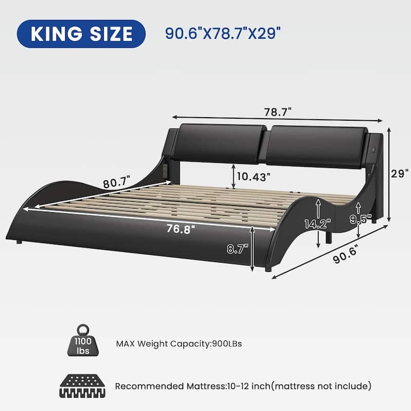 Bed Frame with Headboard Charging Ports Low Profile Platform Bed LED Lights Wave Curve