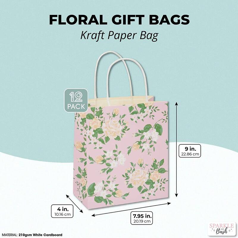 Blue Panda Small Floral Kraft Gift Bags with Handles in 4 Colors (8 x 9 x 4 in, 12 Pack)