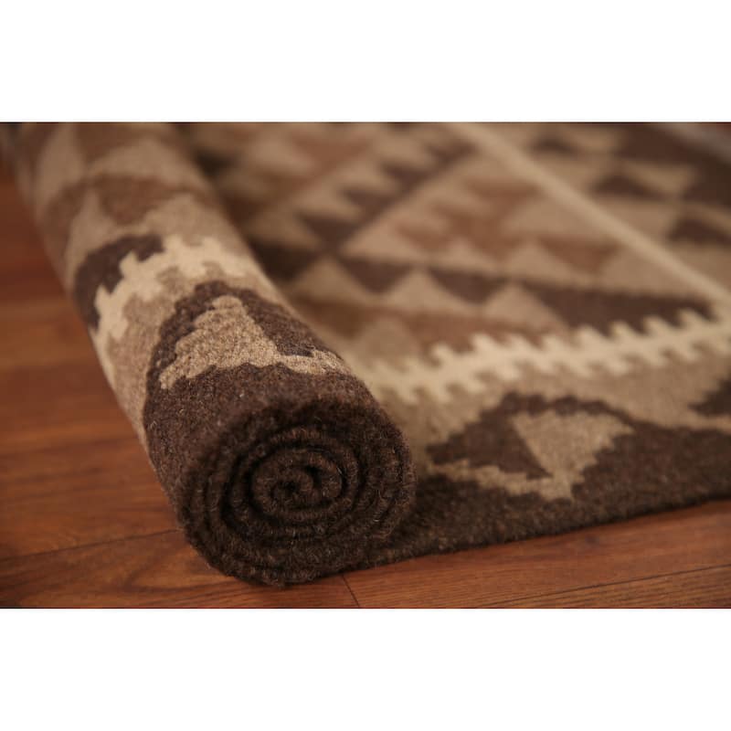 Flat-weave Kilim Oriental Area Rug Brown Reversible Wool Carpet - 3'2" x 5'0"