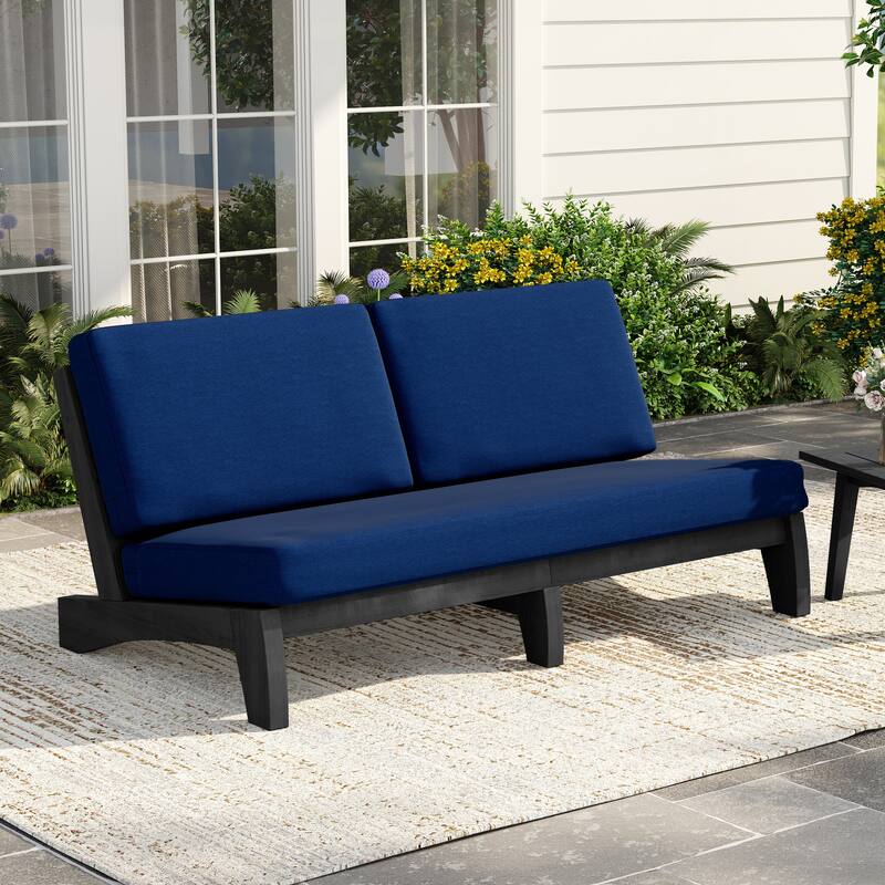 3 Seat Wood 64" W Outdoor Patio Sofa with Cushion - Dark Wood - Navy