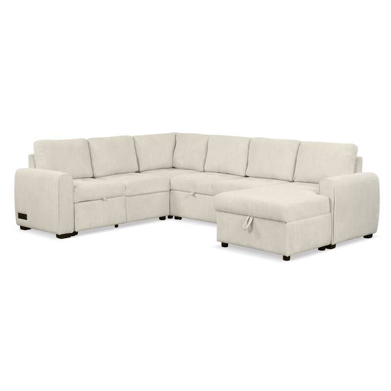 Beige 107.5" U-Shaped 5 Seater Sectional Sofa with Pull-Out Bed, Storage Chaise Lounge, USB Ports, and Power Sockets