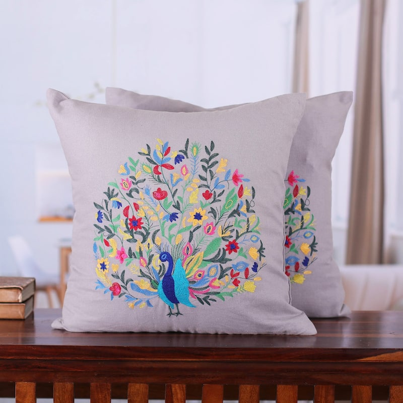 Novica Handmade Divine Peacock In Grey Embroidered Cotton Cushion Covers (Pair)