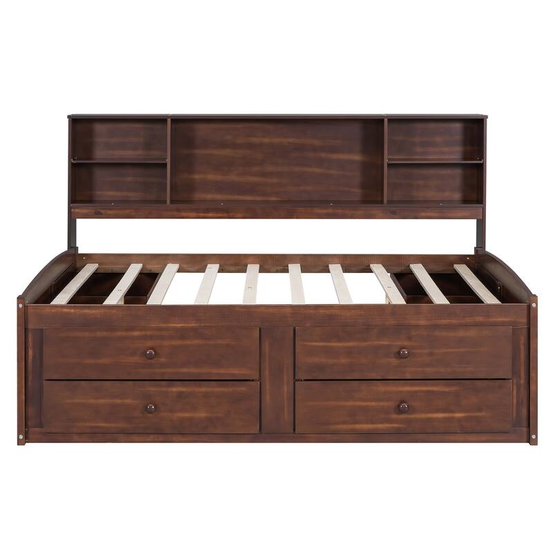 Roomfitters Full Wooden Captain Bed with Open Storage Shelves, Side Compartments and Dual Cabinets, Walnut