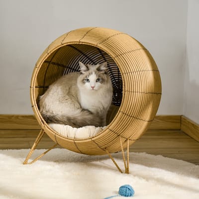 PawHut Wicker Cat Bed Elevated Rattan Kitten Basket Pet Den. House Cozy Cave with Soft Cushion Light Brown
