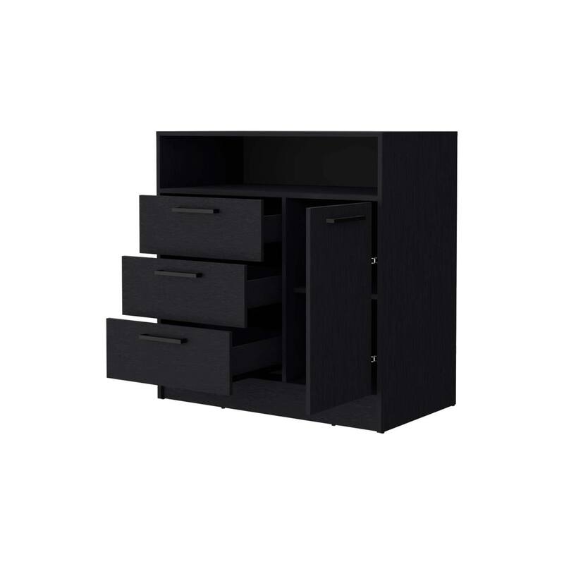 3-Drawer Dresser with Door Cabinet and Open Storage Shelf Featuring Smooth Glide Drawers and Compact Design