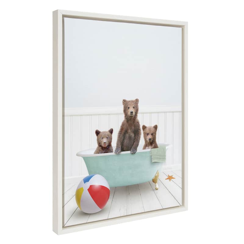 Kate and Laurel Sylvie Three Bear Cubs In Beach House Bath Framed Canvas by Amy Peterson - 18x24 - White