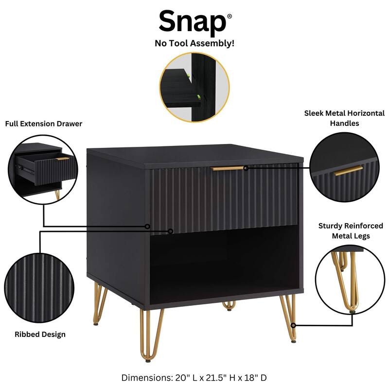 Modern Black Fluted Nightstand with Gold Metal Handles and Legs