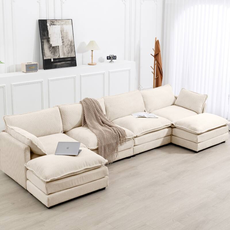 4-Seat Corduroy Modular Sofa with 2 Removable Ottomans for Home & Business