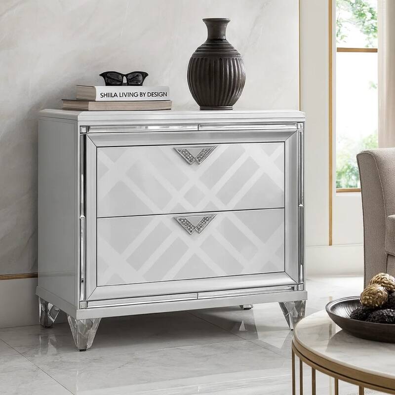 Beli 30 Inch Modern 2 Drawer Nightstand, Carved Acrylic Feet, Crisp White